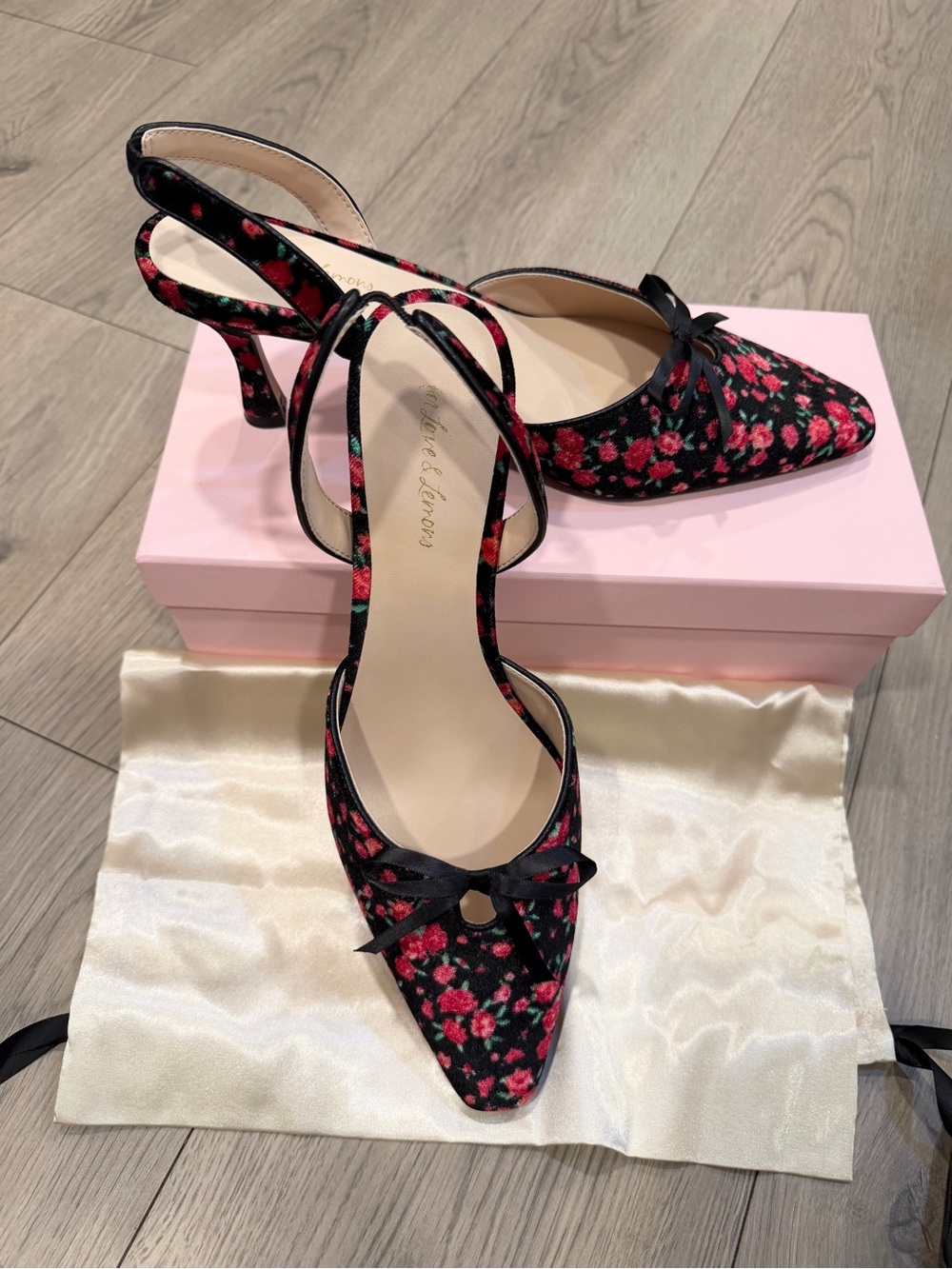 For Love And Lemons Lyana Black Floral Slingback Pumps/Kitten Heel
